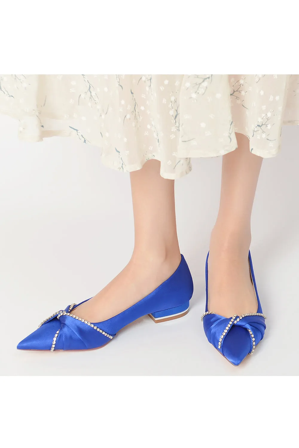 Beading Pointed Toe Satin Kitten Heels