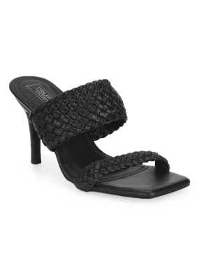 Black PU High Heel Braided Mules