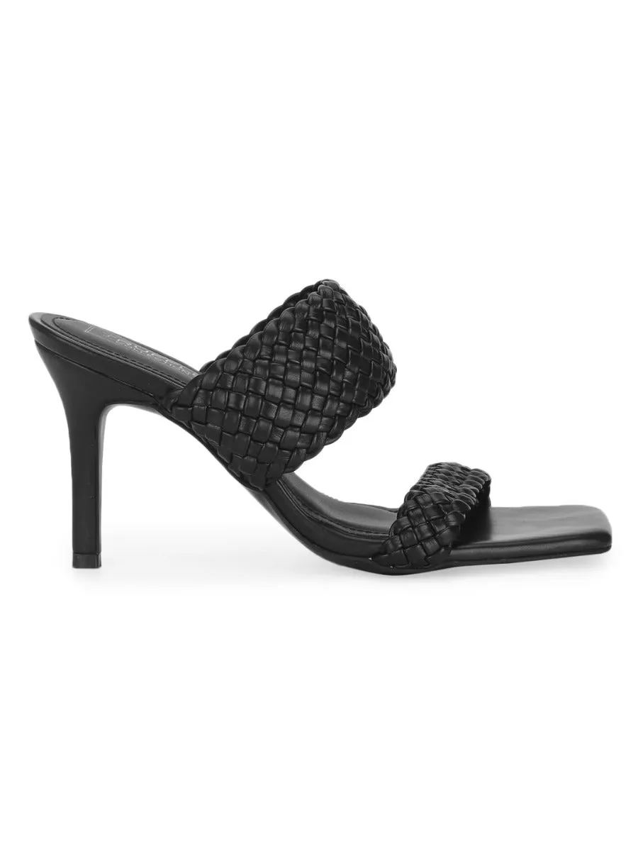 Black PU High Heel Braided Mules