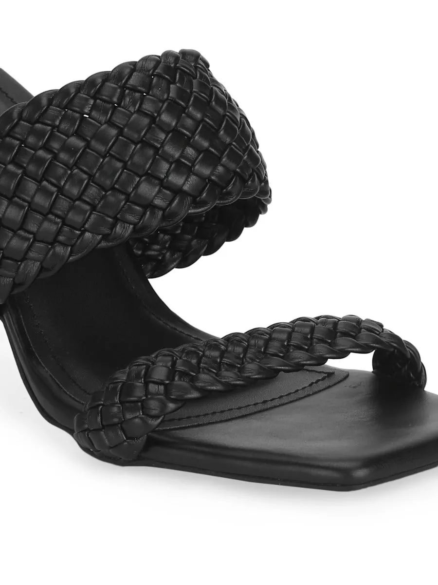 Black PU High Heel Braided Mules