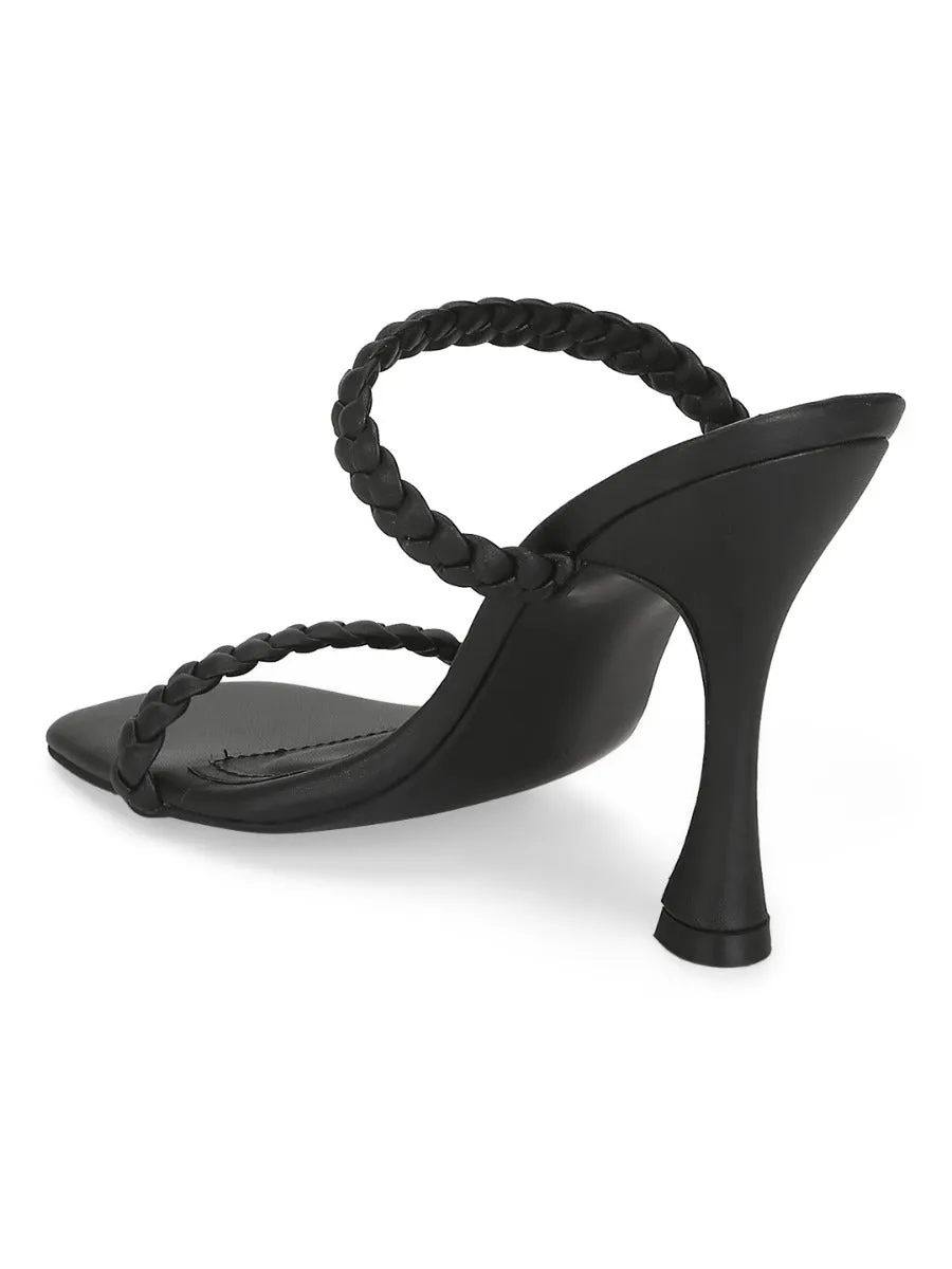 Black PU Stiletto Heel Braided Mules