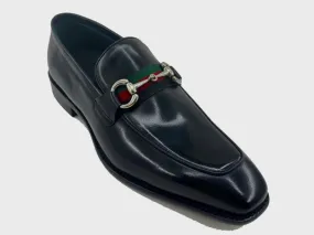 Carrucci Black calfskin leather men's slip-on shoes red and green strip