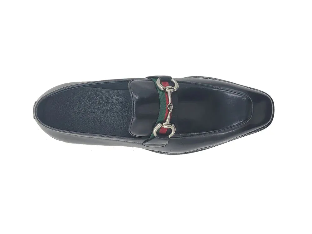 Carrucci Black calfskin leather men's slip-on shoes red and green strip