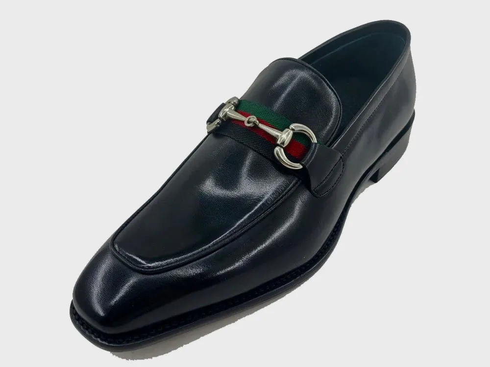 Carrucci Black calfskin leather men's slip-on shoes red and green strip