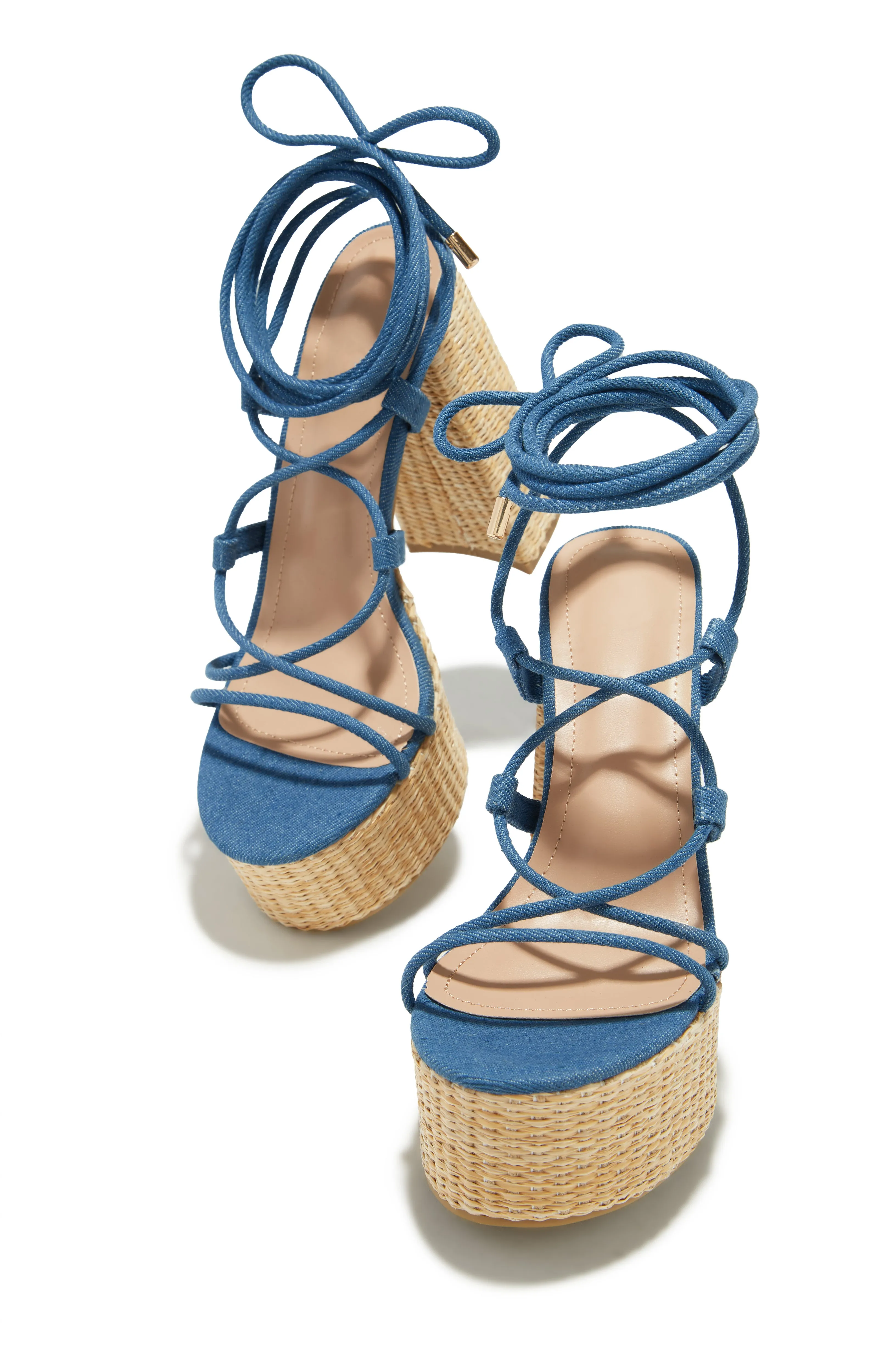 Chantal Lace Up Platform Block Heels - Blue