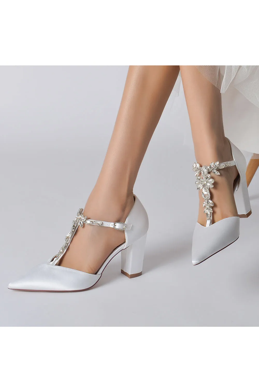 Chic Rhinestone Pointed Toe Ankle Strap Buckle Chunky Heel