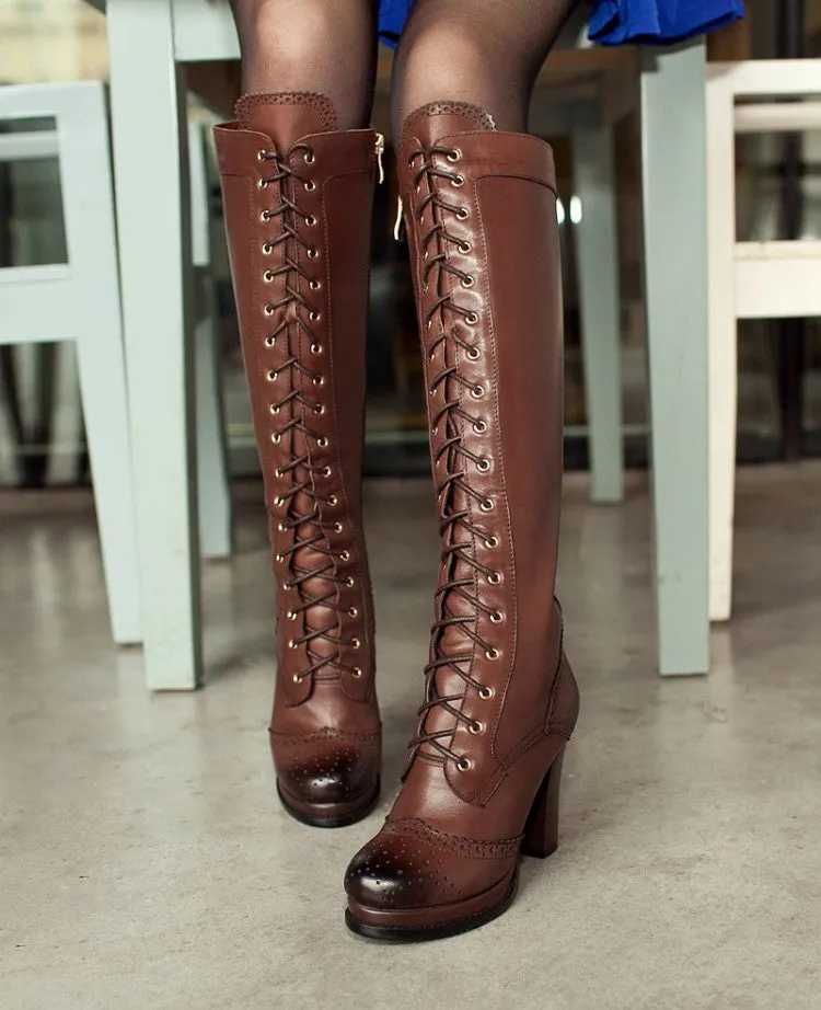 Chunky platform high heels brogue knee high knight boots