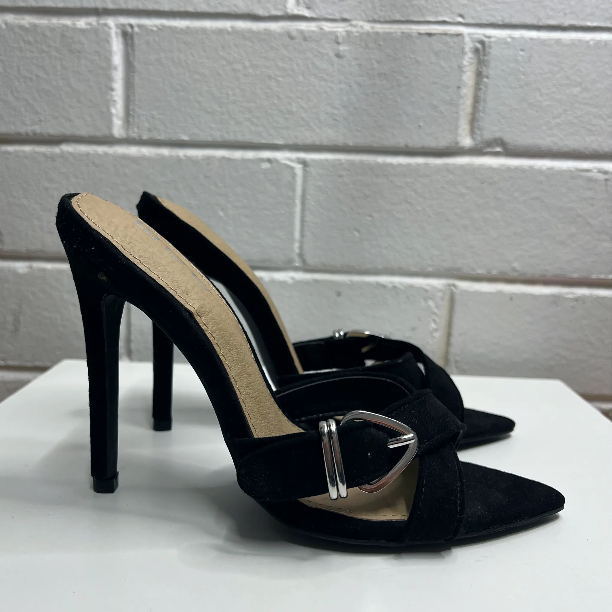 EGO Black Suede Buckled Point Toe Stiletto's