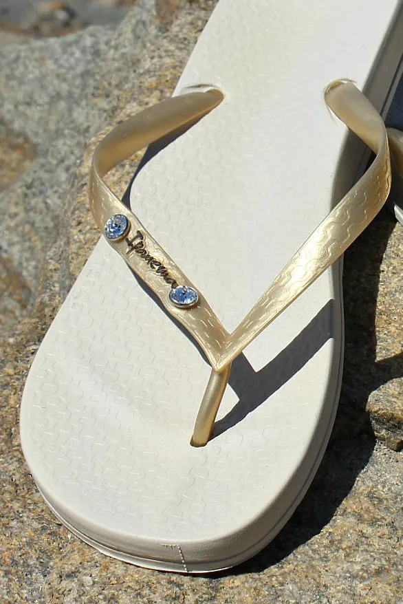 GB ORIGINAL!!  Ipanema Beige/Gold Flip Flop w/ Swarovski Crystals