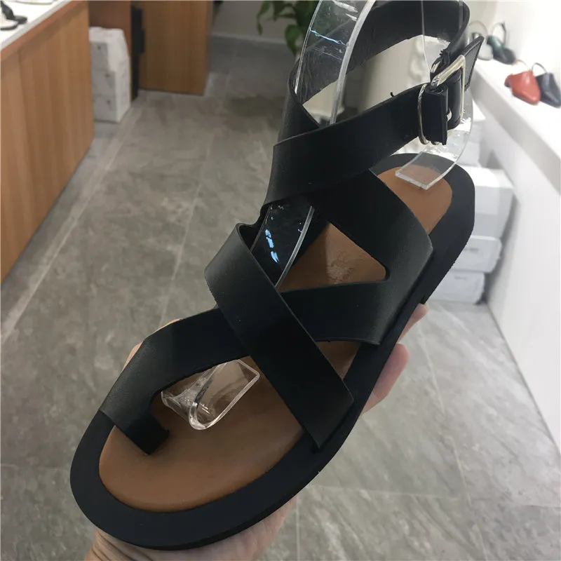 LUXE SEVEN DESIGN TOE LOOP SANDALS WITH ANKLE STRAP