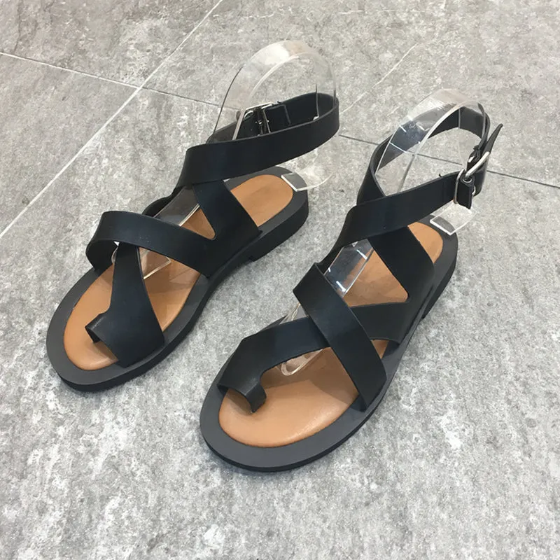 LUXE SEVEN DESIGN TOE LOOP SANDALS WITH ANKLE STRAP