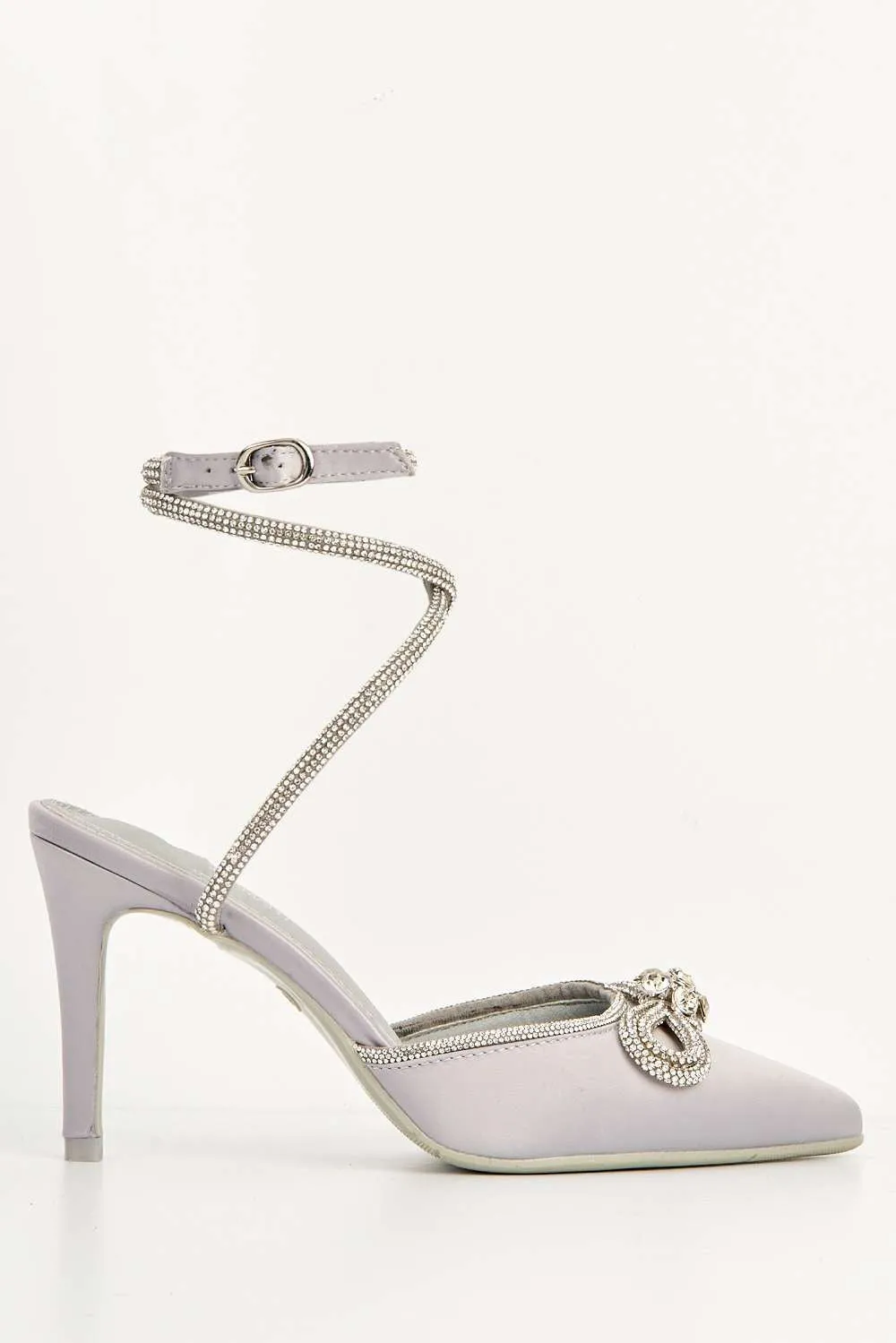 Natalie Pointed Toe Diamante Bow & Strap Court Shoe Heel in Silver