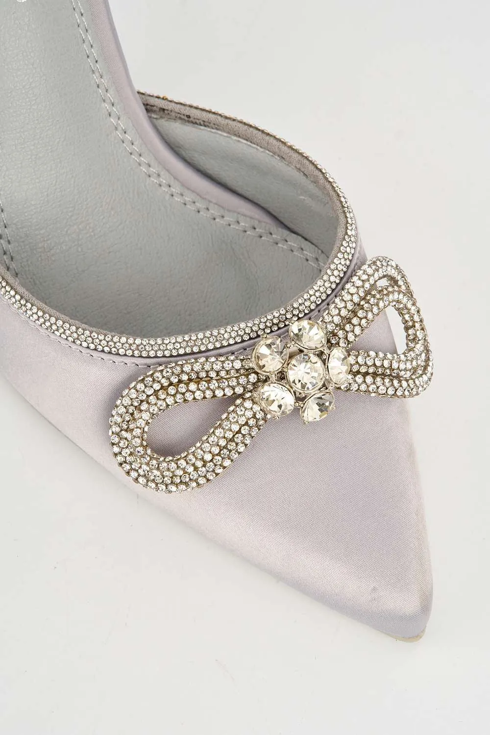 Natalie Pointed Toe Diamante Bow & Strap Court Shoe Heel in Silver