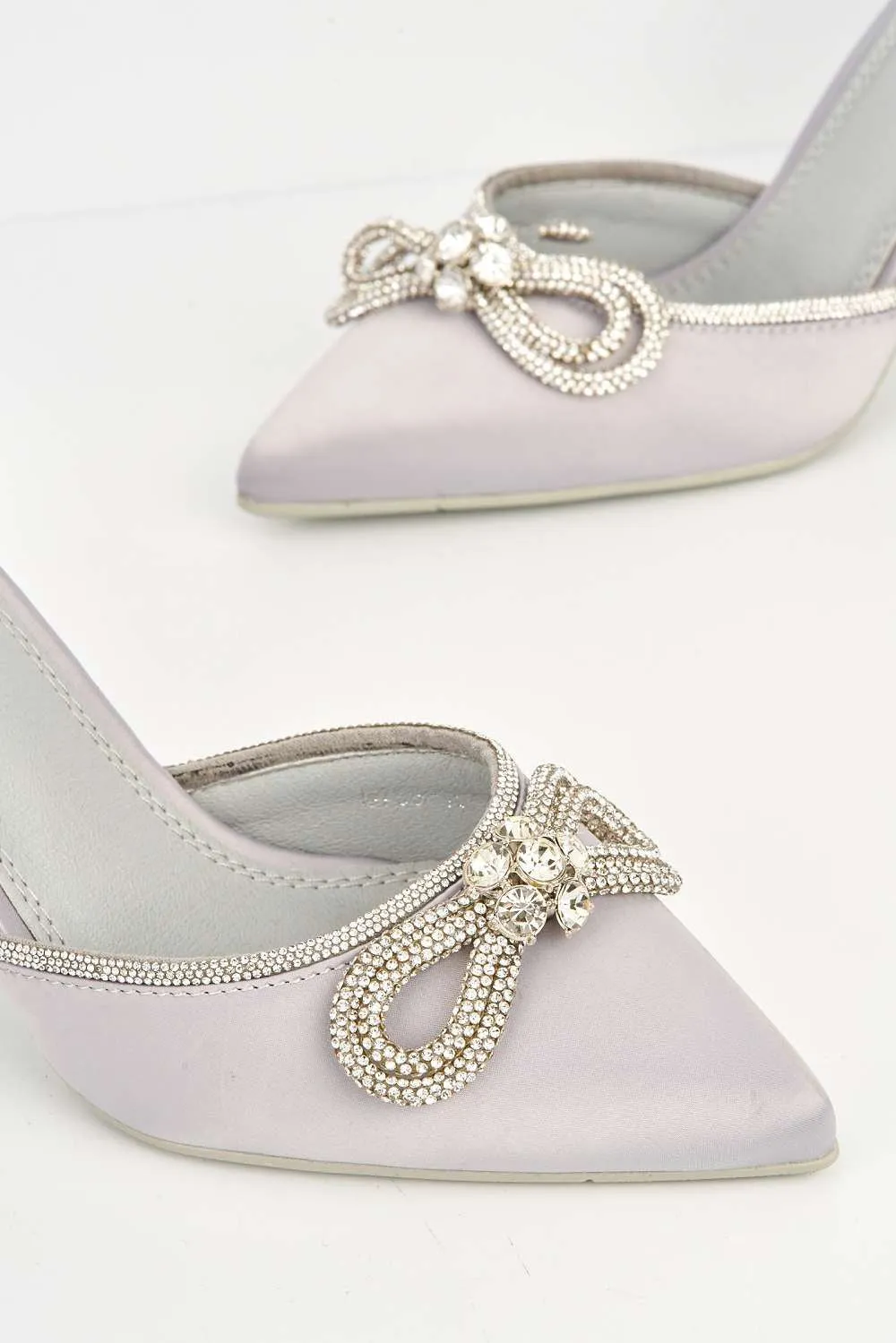 Natalie Pointed Toe Diamante Bow & Strap Court Shoe Heel in Silver