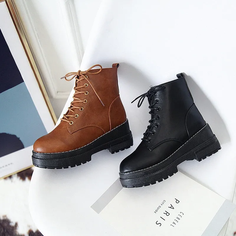 Platform Martin Lace Up Combat PU Leather Booties