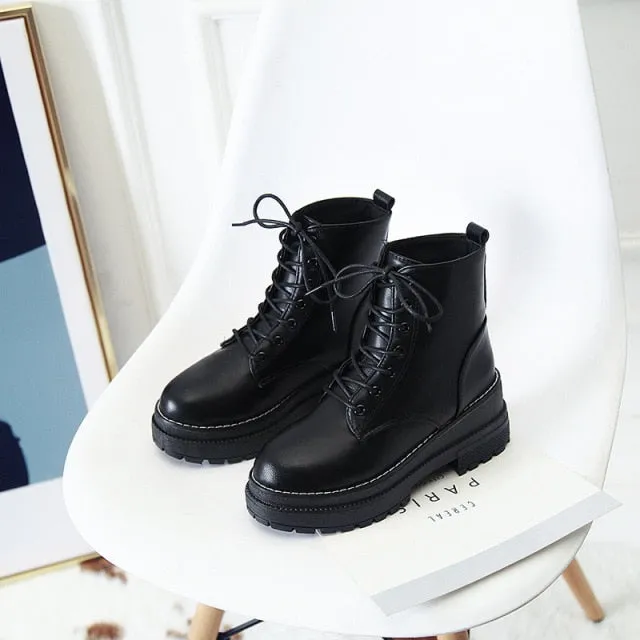 Platform Martin Lace Up Combat PU Leather Booties