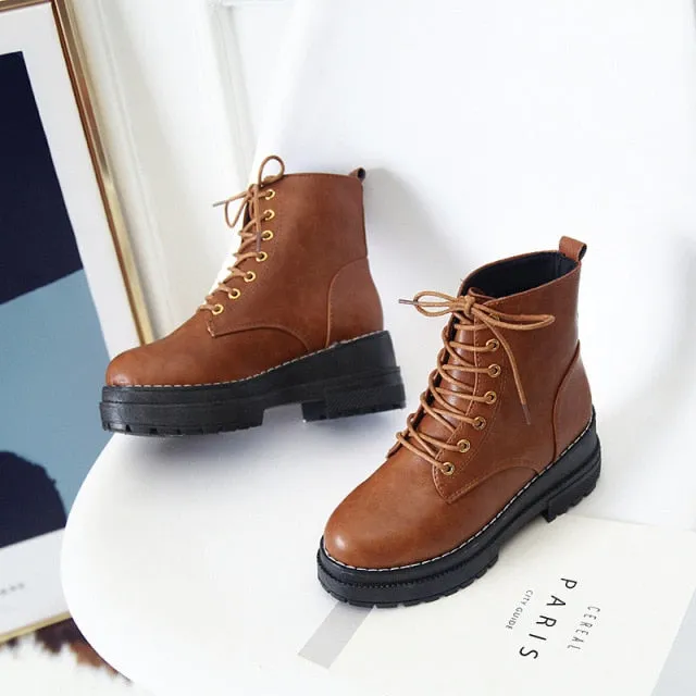 Platform Martin Lace Up Combat PU Leather Booties