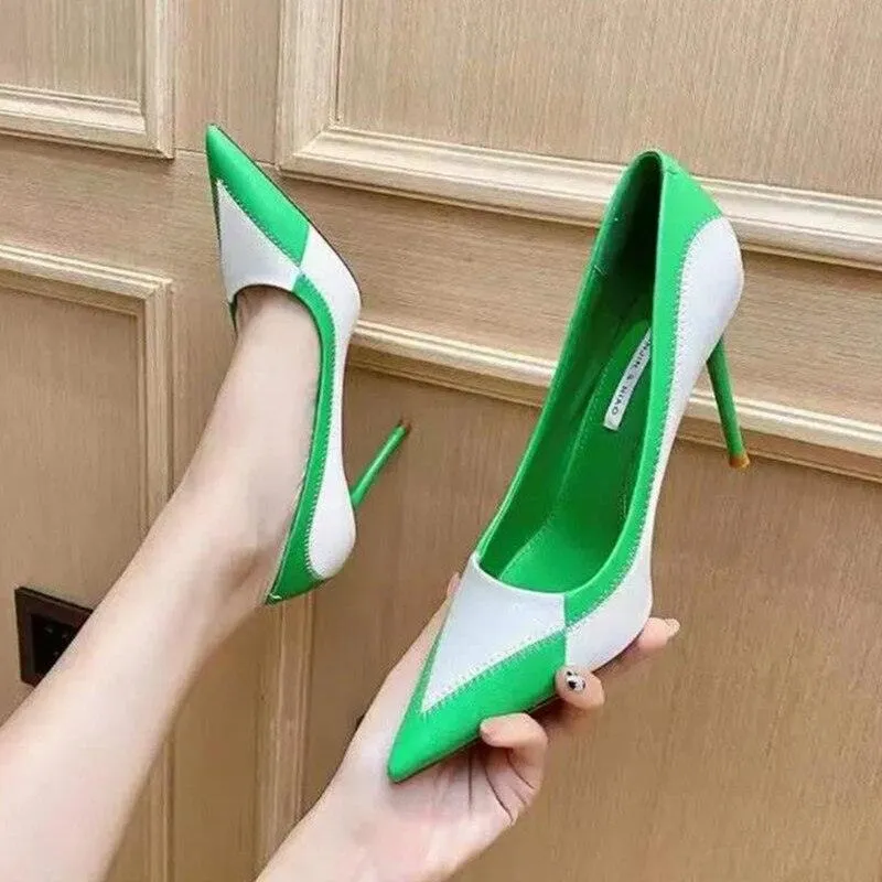 Pointed Toe High Heel Pumps Houndstooth And Color Block...