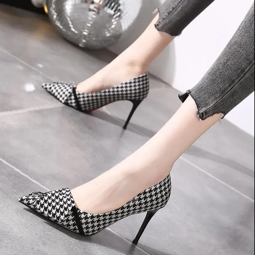 Pointed Toe High Heel Pumps Houndstooth And Color Block...