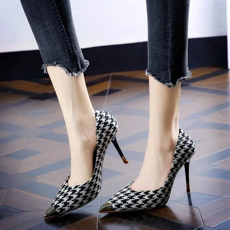 Pointed Toe High Heel Pumps Houndstooth And Color Block...