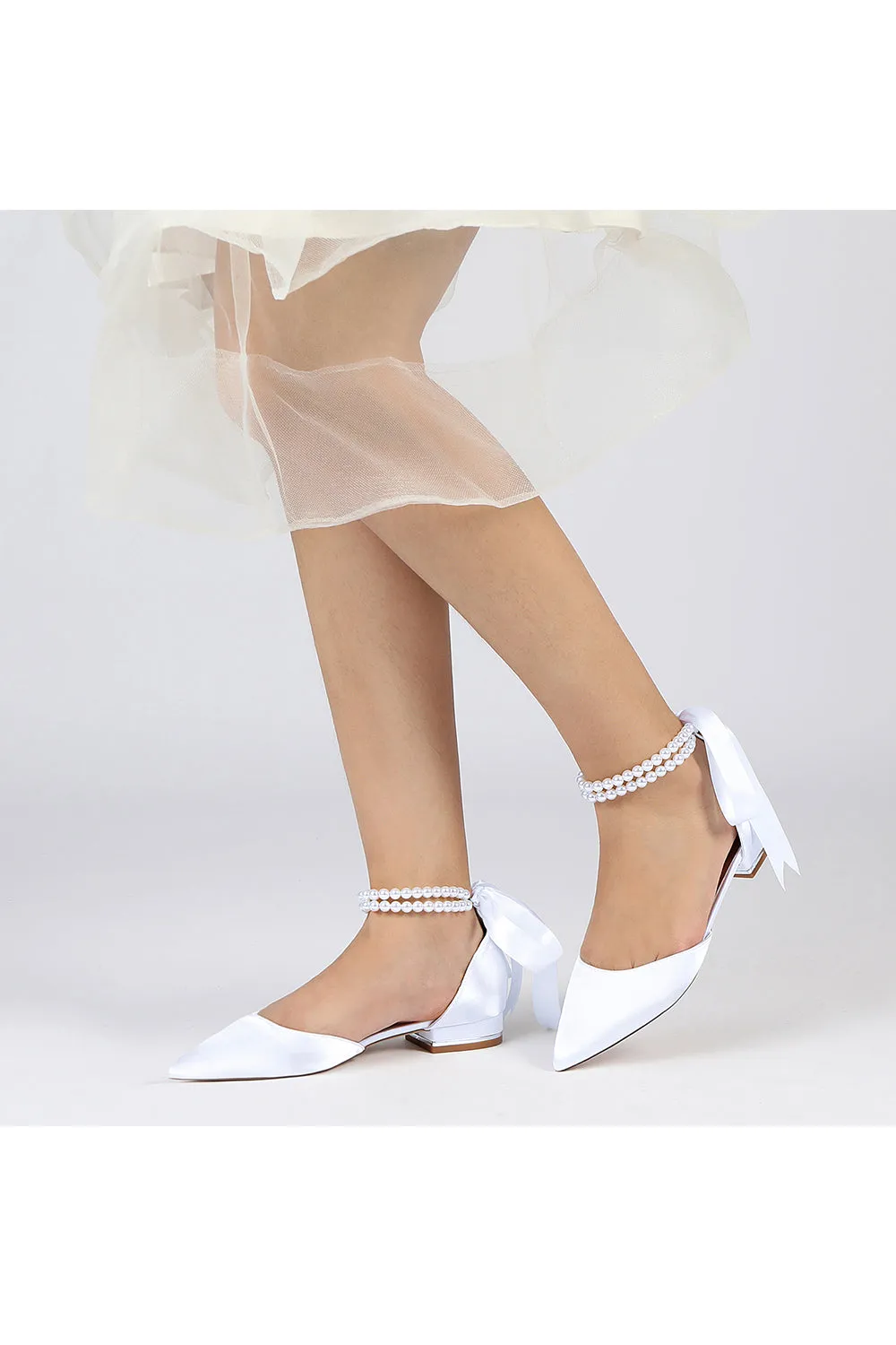 Pointed Toe Pearl Ribbon Ankle Strap Kitten Heels