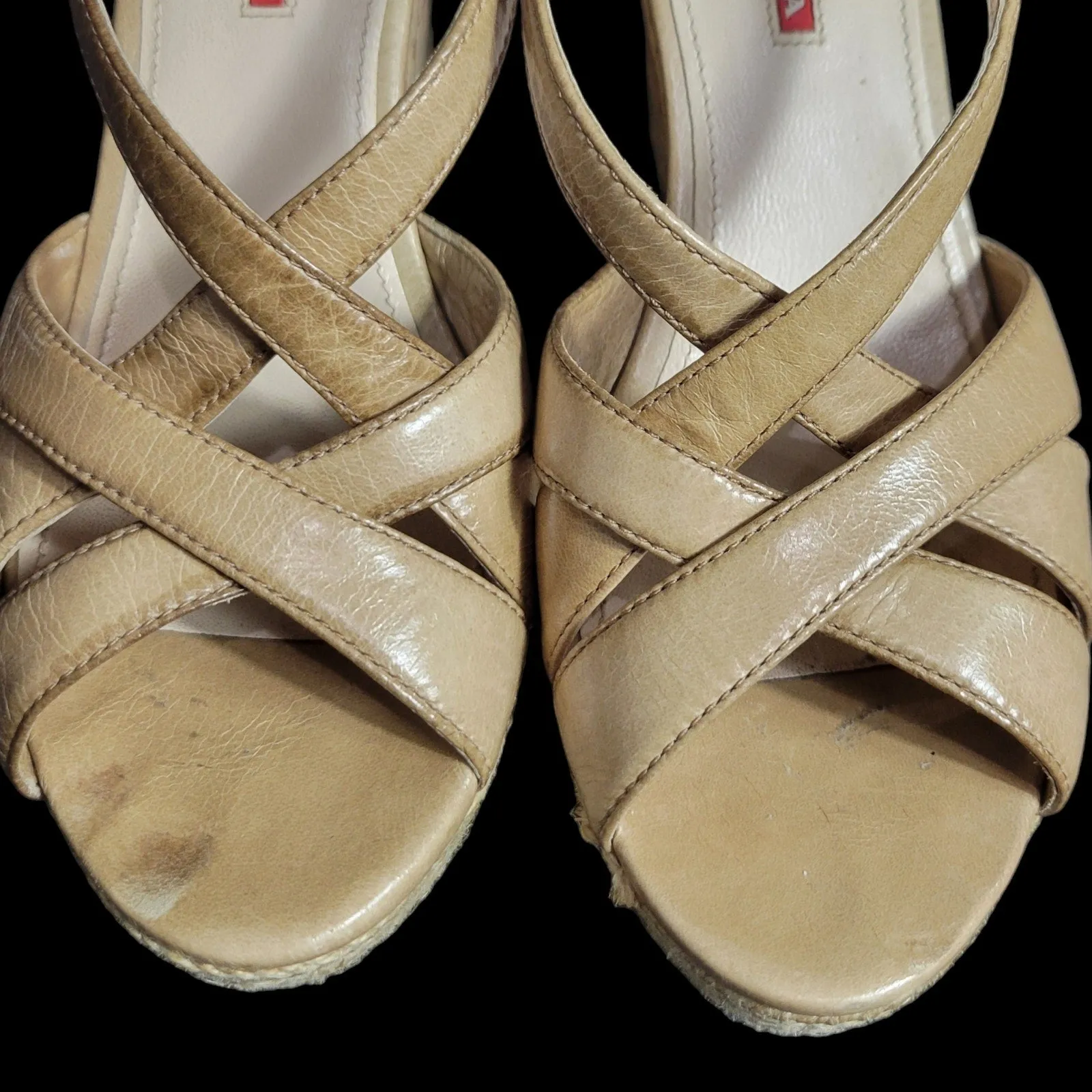 Prada Platform Sandals Tan Leather Chunky Cork Espadrille Wedge Heel Open Toe Size 9.5 39.5