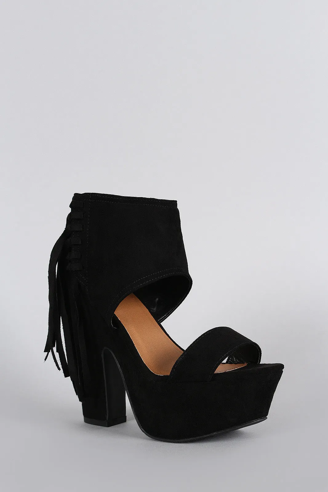 Qupid Suede Side Fringe Peep Toe Chunky Platform Heel