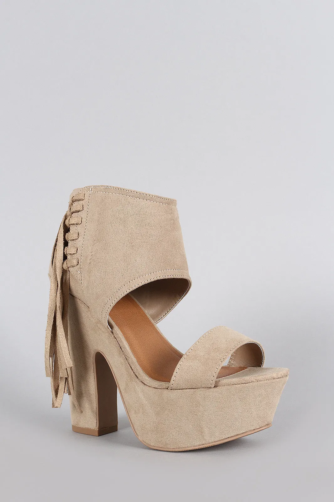 Qupid Suede Side Fringe Peep Toe Chunky Platform Heel