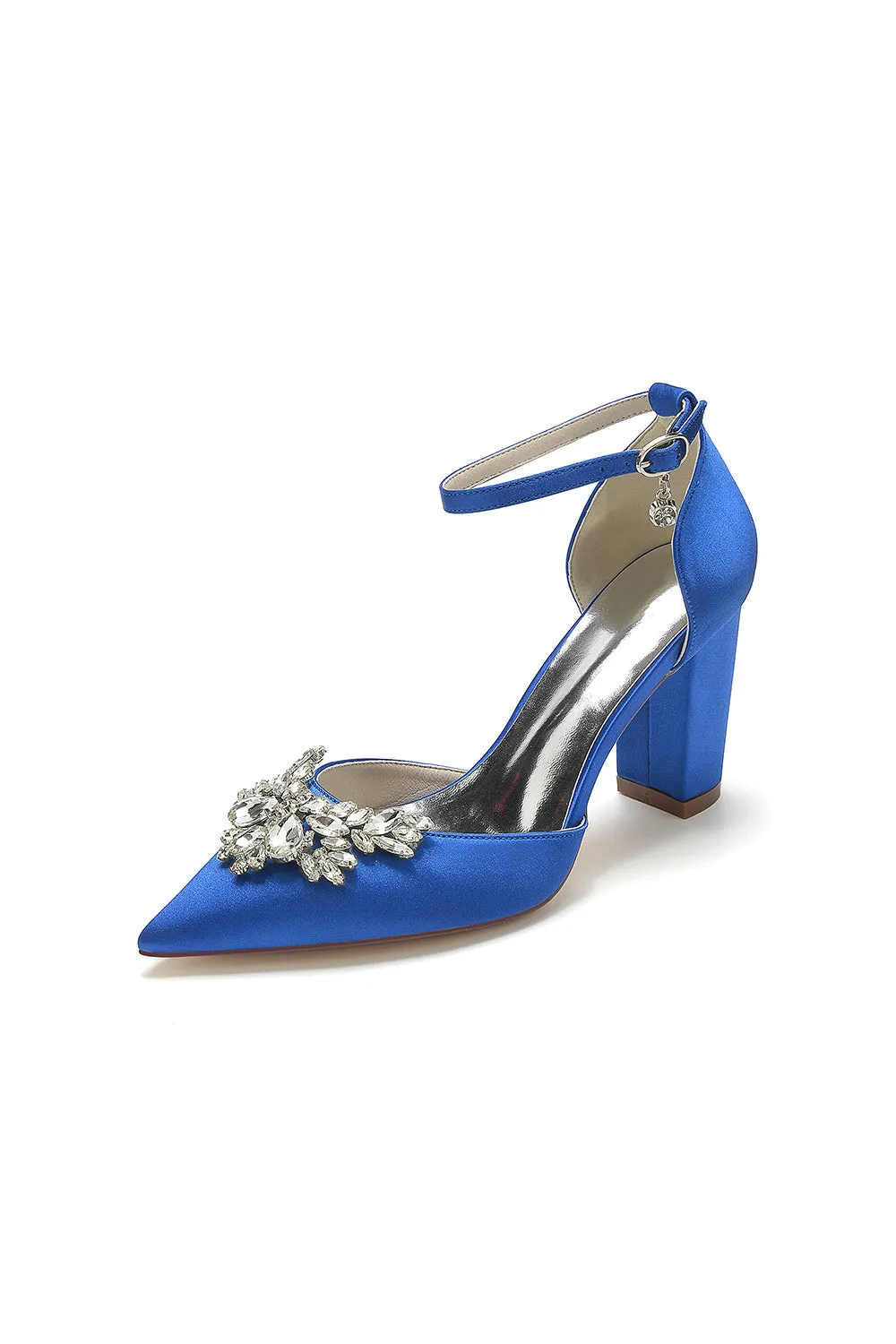 Rhinestone Pointed Toe Ankle Strap Satin Chunky Heel