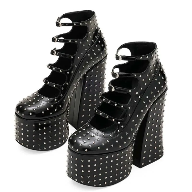 Trend4us Women's Glam Studded Platform Chunky Heels