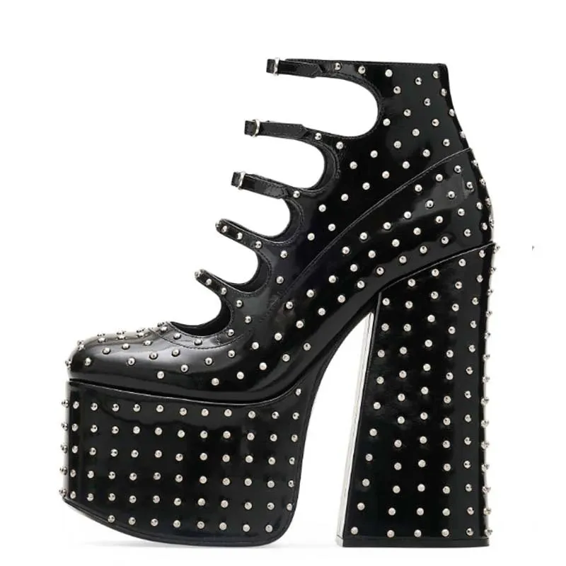 Trend4us Women's Glam Studded Platform Chunky Heels