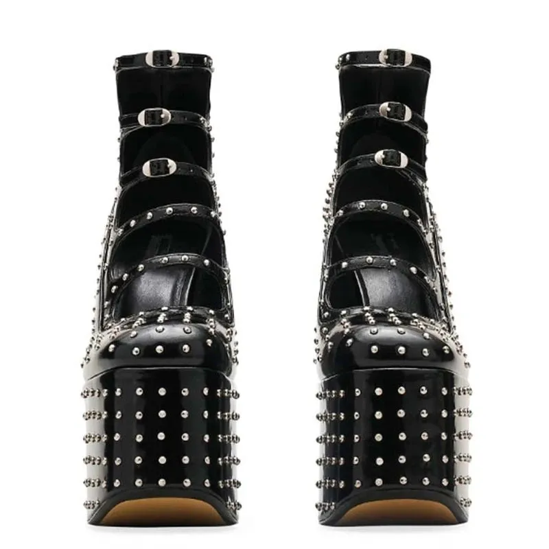 Trend4us Women's Glam Studded Platform Chunky Heels