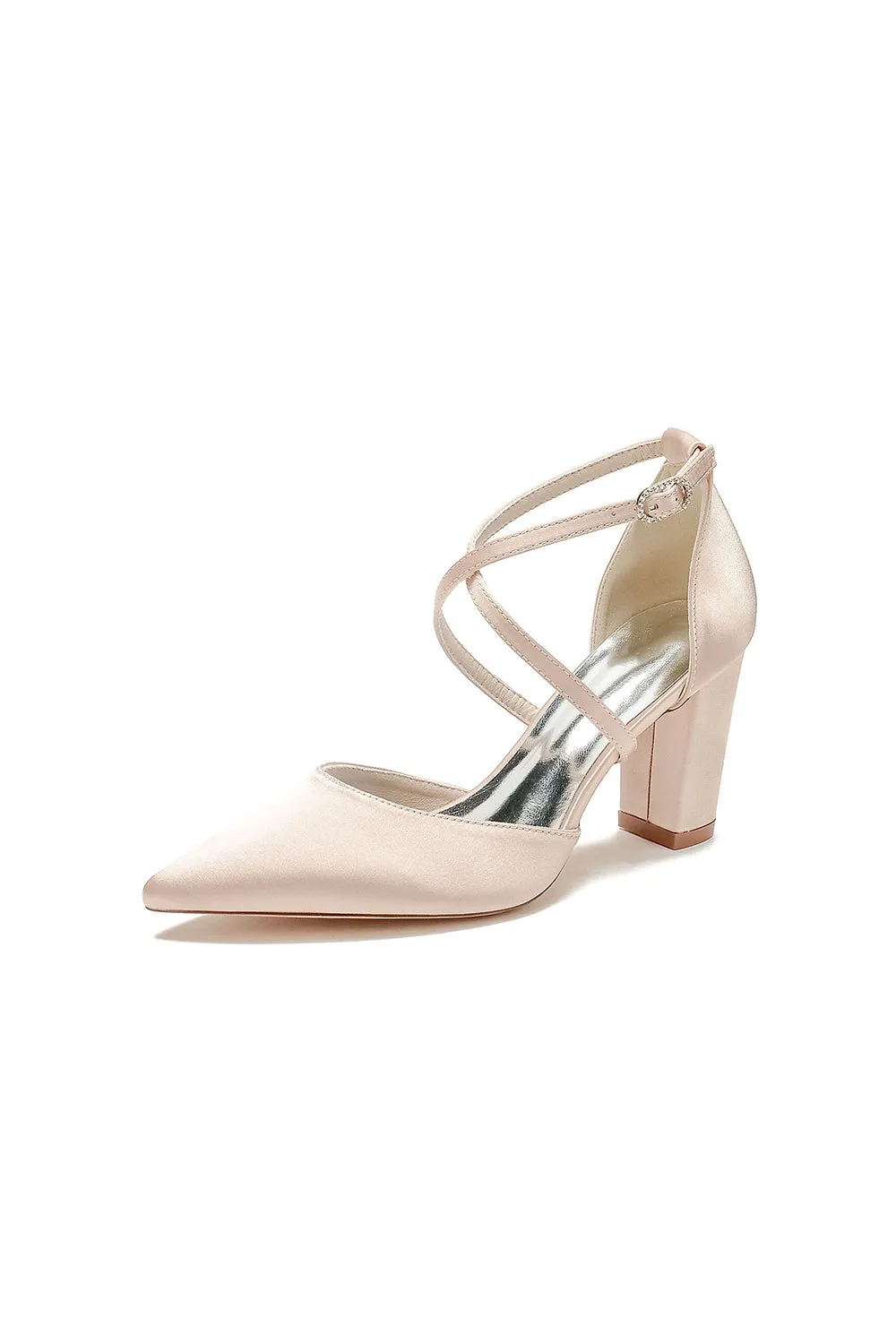 White Satin Pump with Cross-Strap and Metal Accent